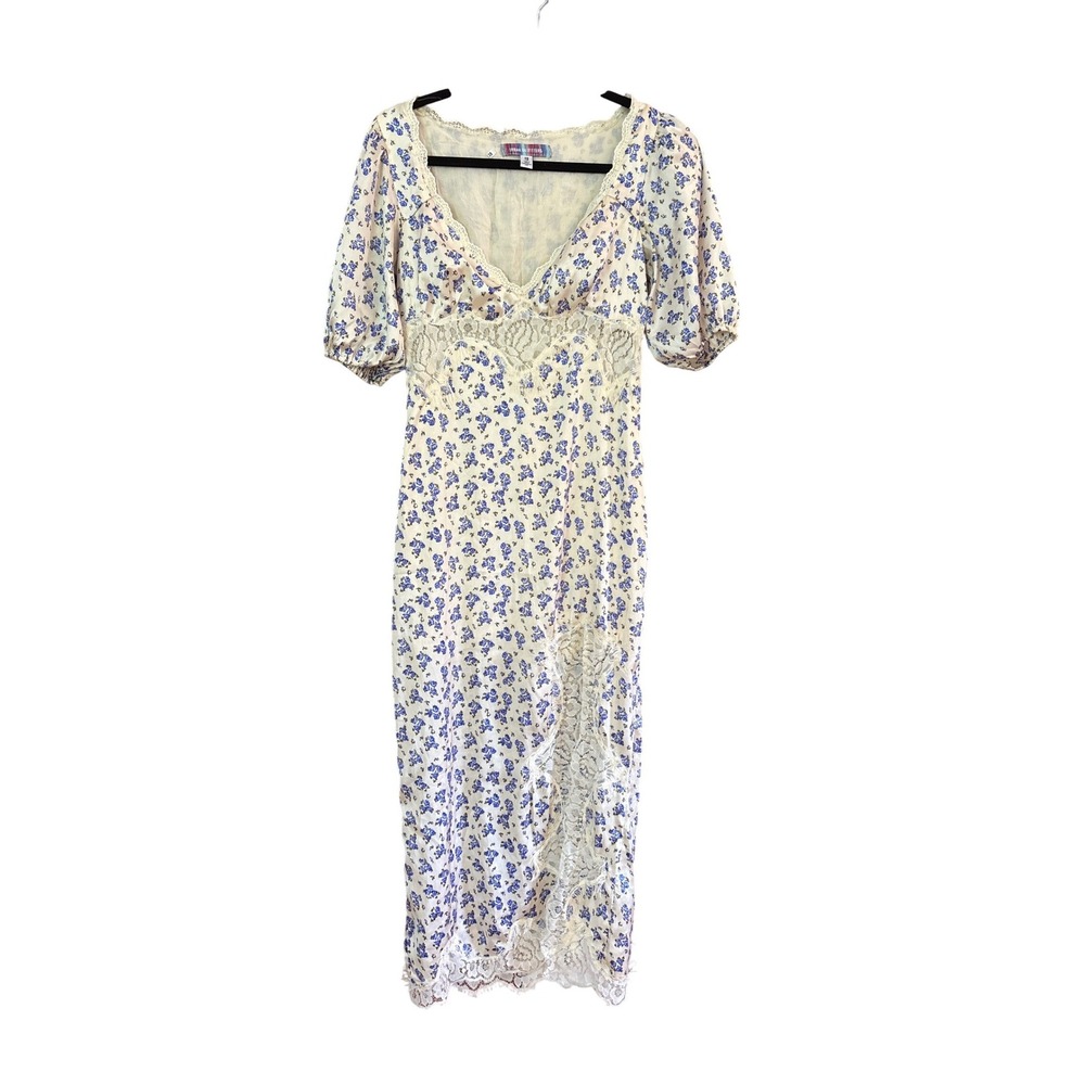 Urban Outfitters Dress Women Cream Blue Floral Lace‎ Trim Midi SIZE XS